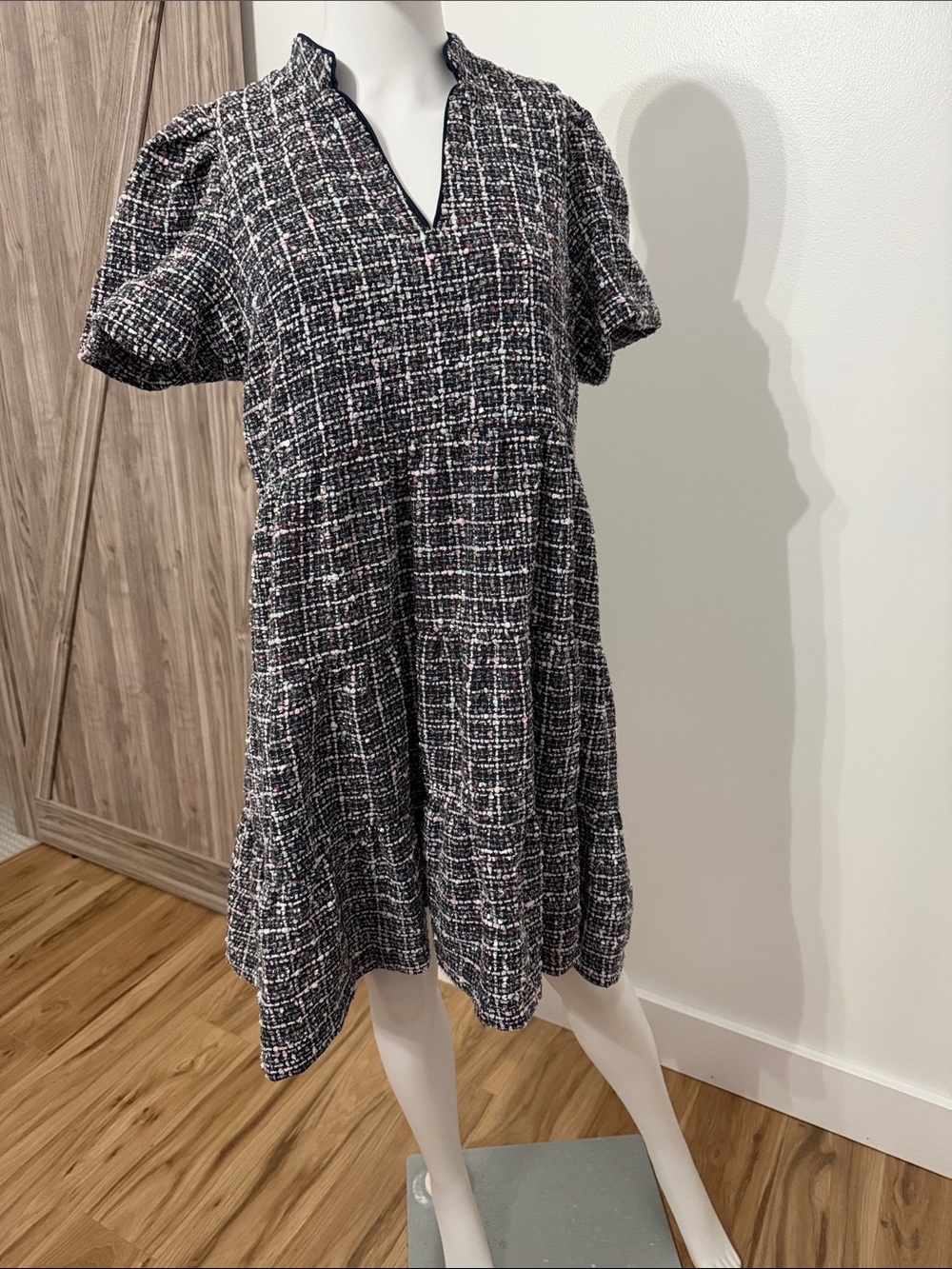 crown & ivy Navy and White Tweed Midi Dress with Puff Sleeves